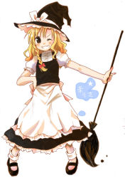 Rule 34 | 1girl, blonde hair, braid, broom, dress, female focus, full body, hat, kirisame marisa, one eye closed, simple background, solo, touhou, white background, wink, witch, witch hat