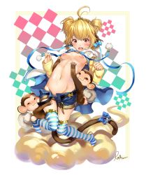 Rule 34 | 10s, 1girl, 2015, :3, ^ ^, absurdres, andira (granblue fantasy), antenna hair, blonde hair, blue bow, blue ribbon, blue shorts, blush, bow, breasts, chushengdao, closed eyes, cloud, dated, erune, full body, granblue fantasy, groin, hair bow, highres, knees together feet apart, leg grab, monkey, monkey tail, navel, nipples, no shoes, open mouth, red eyes, ribbon, shiny skin, shorts, signature, sleeves past wrists, small breasts, striped clothes, striped thighhighs, tail, thighhighs, thighs, two side up, white background
