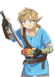 Rule 34 | 1boy, arm guards, belt, blue eyes, blue tunic, brown belt, can, canned fish, canned food, commentary request, cowboy shot, earrings, fingerless gloves, gloves, holding, holding sword, holding weapon, jewelry, light brown hair, link, low ponytail, male focus, monbetsu kuniharu, nintendo, pointy ears, short sword, sidelocks, solo, surstromming, sword, the legend of zelda, the legend of zelda: breath of the wild, tongue, tongue out, tunic, weapon