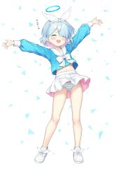 Rule 34 | 1girl, arms up, arona (blue archive), bare legs, blue archive, blue hair, blue halo, blue panties, blue shirt, blush, bow, bow hairband, braid, cameltoe, choker, closed eyes, collarbone, colored inner hair, commentary request, eyes visible through hair, footwear ribbon, full body, hair over one eye, hair ribbon, hairband, halo, highres, light blue hair, long sleeves, midriff, miniskirt, multicolored hair, navel, open mouth, paid reward available, panties, pantyshot, pink hair, pleated skirt, puffy long sleeves, puffy sleeves, ribbon, round teeth, sailor collar, sailor shirt, school uniform, serafuku, shirt, shirt bow, shoes, short hair, side braid, single braid, skirt, sneakers, solo, striped clothes, striped panties, teeth, two-tone hair, underwear, upper teeth only, white background, white bow, white choker, white footwear, white hairband, white ribbon, white sailor collar, white skirt, yamasan