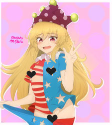 Rule 34 | 1girl, alternate costume, american flag, american flag legwear, american flag print, american flag shirt, blonde hair, breasts, censored, clownpiece, fairy, fang, frilled shirt collar, frills, hat, heart, heart censor, highres, jester cap, leggings, long hair, looking at viewer, neck ruff, no panties, no wings, pants, pantyhose, pink background, pink eyes, polka dot, print shirt, signature, simple background, small breasts, solo, star (symbol), star print, striped, thighs, touhou, undressing, v, very long hair, yuho (39391919)