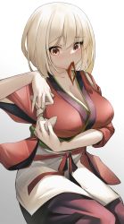 Rule 34 | 1girl, absurdres, apron, arm under breasts, blonde hair, breasts, cleavage, closed mouth, highres, japanese clothes, katachi noboru nishikino, kimono, large breasts, lycoris recoil, mouth hold, nishikigi chisato, raised eyebrows, red eyes, red kimono, ribbon, ribbon in mouth, short hair, short sleeves, simple background, sitting, solo, tying, white background
