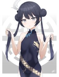 Rule 34 | 1girl, absurdres, bare shoulders, black dress, black hair, blue archive, china dress, chinese clothes, collarbone, double bun, dress, grey eyes, hair bun, halo, highres, holding, holding own hair, kisaki (blue archive), kmp (kenma pro), long hair, looking at viewer, off shoulder, signature, solo, twintails