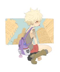 Rule 34 | 1girl, backpack, bad id, bad pixiv id, bag, blonde hair, boots, building, candy, earrings, female focus, food, full body, high heels, jewelry, lamppost, lollipop, meily, mouth hold, orange eyes, original, outside border, profile, short hair, skull, sky, solo, squatting, tank top, tattoo, white background