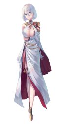 Rule 34 | 1girl, absurdres, aiguillette, arm under breasts, asymmetrical clothes, asymmetrical dress, azur lane, black footwear, breasts, cape, center opening, cleavage, cross, cross earrings, dress, earrings, epaulettes, evening gown, full body, gloves, hair between eyes, highres, iron blood (emblem), jewelry, large breasts, lom (lom lom 8), official alternate costume, short hair, simple background, single epaulette, solo, tirpitz (azur lane), tirpitz (iron blood snowstorm) (azur lane), white background, white cape, white dress, white gloves, white hair