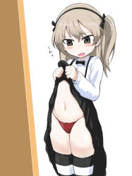 Rule 34 | 1girl, absurdres, blush, breasts, brown background, brown eyes, clothes lift, eyebrows, girls und panzer, groin, hair ornament, hairband, highres, lifted by self, lingerie, looking at viewer, navel, open mouth, panties, red panties, shimada arisu, simple background, skirt, skirt lift, small breasts, solo, striped clothes, striped thighhighs, sweat, thighhighs, translation request, underwear, white background, white hair, yabai gorilla