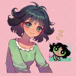 Rule 34 | 1girl, absurdres, black hair, blush, buttercup (ppg), buttercup redraw challenge (meme), cropped torso, derivative work, green eyes, green pajamas, highres, looking at viewer, meme, messy hair, pajamas, pink background, powerpuff girls, qiu ju, reference inset, screenshot inset, screenshot redraw, smile, solo