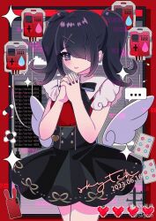 Rule 34 | ..., 1girl, 404, ame-chan (needy girl overdose), artist name, black hair, black nails, black ribbon, black skirt, border, chinese text, collared shirt, cowboy shot, cross, cuts, dated, error message, grey eyes, hair ornament, hair over one eye, hands up, heart, highres, http status code, injury, interlocked fingers, intravenous drip, long hair, looking at viewer, low wings, mihuashi logo, mihuashi username, nail polish, neck ribbon, needy girl overdose, open mouth, pixel heart, red border, red nails, red shirt, ribbon, self-harm, self-harm scar, shirt, short sleeves, skirt, skytch, smile, solo, sparkle, spoken ellipsis, standing, translation request, twintails, water drop, white wings, wings, x hair ornament
