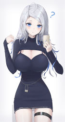 Rule 34 | 1girl, ?, absurdres, ahoge, bad id, bad pixiv id, black dress, blue eyes, blue nails, breasts, chain, cleavage, closed mouth, cowboy shot, dress, earrings, eyeshadow, glint, gold, gold trim, grey hair, gyaru, hands up, head tilt, highres, hoop earrings, jewelry, jk-chan (kingudejii), large breasts, leaning on table, light smile, lipgloss, long hair, long sleeves, looking at viewer, makeup, messy hair, multicolored hair, nail polish, narrow waist, original, pencil dress, product placement, renge (730), selfie, short dress, simple background, skindentation, sleeves past wrists, solo, straddling, straight-on, streaked hair, swept bangs, thick eyelashes, thigh strap, thighs, tight clothes, tight dress, tsurime, turtleneck, turtleneck crop top, turtleneck dress, white background, white hair, wide hips