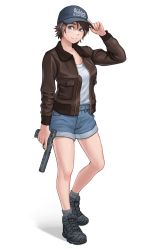 Rule 34 | 1girl, absurdres, ankle boots, bare legs, baseball cap, blue eyes, blue hat, bomber jacket, boots, brown hair, brown jacket, combat boots, cross-laced footwear, denim, denim shorts, grey footwear, grey legwear, gun, hair between eyes, hand on headwear, handgun, hat, highres, jacket, kzm (sub-moa works), lace-up boots, long sleeves, looking at viewer, open clothes, open jacket, original, pistol, shirt, short hair, short shorts, shorts, simple background, smile, solo, suppressor, weapon, white background, white shirt