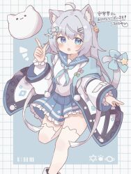 Rule 34 | 1girl, :o, ahoge, an meng meng(vtuber), animal ear fluff, animal ears, blue eyes, blush, bow, breasts, cat ears, cat girl, colon br, commentary request, commission, detached sleeves, ear piercing, eyebrows hidden by hair, grey hair, hair bow, hair ornament, hairclip, hand up, highres, indie virtual youtuber, jacket, long hair, long sleeves, looking at viewer, open clothes, open jacket, open mouth, piercing, plaid, plaid background, pleated skirt, sailor collar, school uniform, serafuku, shirt, skeb commission, skirt, small breasts, solo, star (symbol), star print, tail, tail ornament, tail raised, thighhighs, very long hair, virtual youtuber, white footwear, white shirt, wide sleeves, x hair ornament