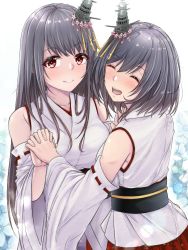 Rule 34 | 2girls, aga marino, black hair, commentary request, detached sleeves, fusou (kancolle), hair ornament, headgear, holding hands, japanese clothes, kantai collection, long hair, looking at viewer, multiple girls, red eyes, short hair, smile, upper body, wide sleeves, yamashiro (kancolle)