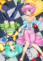 Rule 34 | 2girls, aqua hair, bad id, bad pixiv id, bare shoulders, black legwear, blush, breasts, checkered floor, cleavage, eyeball, female focus, floor, frilled pillow, frills, from above, funnyfunny, green eyes, green hair, hairband, hat, unworn hat, unworn headwear, heart, heart-shaped pillow, high heels, holding hands, komeiji koishi, komeiji satori, lying, marker (medium), midriff, multiple girls, navel, off shoulder, on back, open mouth, pillow, pink eyes, purple hair, shoes, short hair, siblings, single shoe, sisters, small breasts, smile, thighhighs, third eye, touhou, traditional media