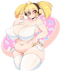 Rule 34 | 1girl, bare shoulders, belly, blonde hair, breasts, cleavage, commentary, covered erect nipples, cropped legs, doughnut, fat, food, gigantic breasts, headphones, highres, long hair, looking at viewer, mascot, nitroplus, plump, red eyes, simple background, skindentation, slugbox, smile, solo, super pochaco, thick thighs, thighhighs, thighs, twintails, white background, white thighhighs, wide hips