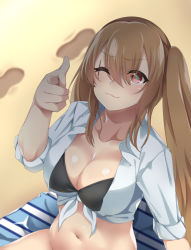 Rule 34 | 1girl, :3, bad id, bad pixiv id, beach, bikini, black bikini, breasts, brown hair, cleavage, closed mouth, collarbone, footprints, girls&#039; frontline, hair between eyes, hand up, highres, large breasts, long hair, looking at viewer, navel, pointing, pointing at viewer, red eyes, sand, shirt, sidelocks, sitting, sleeves rolled up, solo, spicy moo, swimsuit, tied shirt, towel, twintails, ump9 (girls&#039; frontline), very long hair