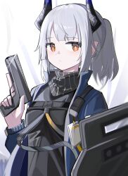 Rule 34 | 1girl, absurdres, arknights, black shirt, blue jacket, breasts, brown eyes, closed mouth, grey hair, gun, handgun, highres, holding, holding gun, holding weapon, horns, jacket, liskarm (arknights), long sleeves, looking at viewer, open clothes, open jacket, pointy ears, ponytail, puffy long sleeves, puffy sleeves, riot shield, shield, shirt, small breasts, solo, spam (spamham4506), weapon, weapon request
