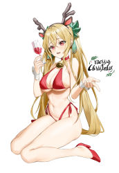 Rule 34 | 1girl, absurdres, alcohol, animal ears, antlers, bell, bikini, blonde hair, breasts, cleavage, commentary, crossed bangs, cup, deer ears, drinking glass, english commentary, gdd (vkejr702), green ribbon, hair ribbon, halterneck, hands up, high heels, highleg, highleg bikini, highres, holding, holding cup, horns, long hair, medium breasts, merry christmas, navel, neck bell, original, parted lips, red bikini, red eyes, red footwear, reindeer antlers, ribbon, side-tie bikini bottom, simple background, sitting, solo, stomach, swimsuit, thighs, twintails, very long hair, wariza, white background, wine, wine glass, wrist cuffs