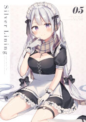 Rule 34 | 1girl, apron, black bow, black dress, black footwear, bow, breasts, brown scarf, cleavage, cleavage cutout, closed mouth, clothing cutout, commentary request, dress, frilled dress, frills, gloves, grey hair, hair bow, hand up, highres, kneehighs, long hair, maid, medium breasts, original, plaid, plaid scarf, puffy short sleeves, puffy sleeves, scarf, shiino sera, shoes, short sleeves, smile, socks, solo, very long hair, white apron, white gloves, white socks