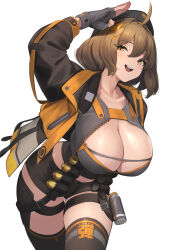 Rule 34 | 1girl, absurdres, anis (nikke), breasts, brown hair, cleavage, curvy, fingerless gloves, gloves, goddess of victory: nikke, hair ornament, hat, highres, huge breasts, jacket, large breasts, long sleeves, looking at viewer, mari0ball, open clothes, open jacket, short hair, shorts, simple background, solo, thick thighs, thigh strap, thighhighs, thighs, white background, yellow eyes