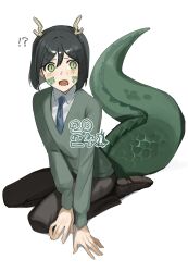Rule 34 | 1boy, 2024, absurdres, black footwear, black hair, black pants, blue necktie, blush, bob cut, chinese zodiac, dragon horns, dragon tail, embarrassed, fate (series), formal, furrowed brow, green scales, green sweater, highres, horns, kemonomimi mode, looking at viewer, medium hair, necktie, new year, open mouth, pants, seiza, sitting, solo, suit, sweater, tail, tokoni fusu, waver velvet, white background, year of the dragon