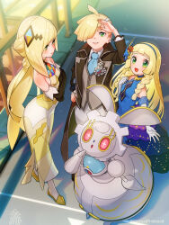 Rule 34 | 1boy, 3girls, black gloves, blonde hair, braid, creatures (company), dress, elbow gloves, game freak, gen 7 pokemon, gladion (pokemon), gladion (sygna suit) (pokemon), gloves, green eyes, hair ornament, hairband, highres, kinocopro, legendary pokemon, lillie (anniversary 2021) (pokemon), lillie (pokemon), long hair, lusamine (pokemon), lusamine (sygna suit) (pokemon), magearna, magearna (normal), mother and child, mother and daughter, mother and son, multiple girls, mythical pokemon, necktie, nintendo, official alternate costume, pokemon, pokemon masters ex, smile, twin braids, very long hair