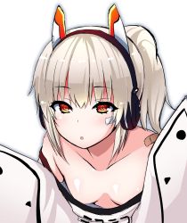 Rule 34 | 10s, 1girl, ayanami (azur lane), azur lane, bad id, bad pixiv id, bandaid, bare shoulders, blush, breasts, cleavage, downblouse, extended downblouse, headphones, highres, leaning forward, light blush, long hair, looking at viewer, loose clothes, no bra, off shoulder, orange eyes, parted lips, pastar88, ponytail, simple background, small breasts, solo, upper body, white background, white hair