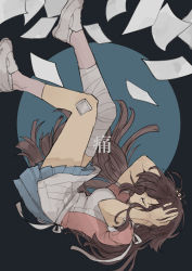 Rule 34 | 1girl, absurdres, apron, asymmetrical legwear, bandaged leg, bandages, bare arms, black background, blue background, blue skirt, circle, closed eyes, commentary request, covering own ears, crying, danganronpa (series), danganronpa 2: goodbye despair, falling, full body, highres, long hair, open mouth, paper, pink shirt, pleated skirt, profile, purple hair, shindyushiyou, shirt, short sleeves, simple background, skirt, socks, solo, tears, translation request, tsumiki mikan, uneven legwear, white footwear, white socks