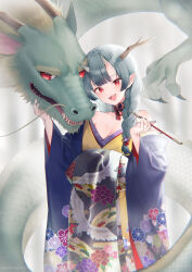 1girl animal bare_shoulders black_nails blue_hair blue_kimono braid breasts chinese_zodiac cleavage collarbone commentary_request dragon dragon_horns eastern_dragon hair_over_shoulder head_tilt holding holding_smoking_pipe horns japanese_clothes kimono kiseru long_hair long_sleeves low_twintails medium_breasts midorikawa_you nail_polish off_shoulder original red_eyes sharp_teeth smoking_pipe solo teeth twin_braids twintails wide_sleeves year_of_the_dragon