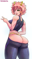 Rule 34 | 1girl, ashido mina, ass, black panties, black sclera, boku no hero academia, breasts, clothes pull, colored sclera, colored skin, from behind, highleg, highleg panties, highres, horns, huge ass, large breasts, looking at viewer, looking back, midriff, one eye closed, panties, pants, pants pull, pink hair, pink skin, short hair, solo focus, sportswear, superbusty, tank top, thick thighs, thighs, thong, toned, tongue, tongue out, underwear, v, whale tail (clothing), yellow eyes