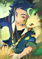 Rule 34 | 1boy, absurdres, adaman (pokemon), arm wrap, black shirt, blue coat, blue hair, blurry, brown eyes, closed mouth, coat, collar, collarbone, commentary request, creatures (company), earrings, eyebrow cut, game freak, gen 4 pokemon, green hair, hand wraps, highres, jewelry, leafeon, looking to the side, male focus, mkakimikan, multicolored hair, neck ring, nintendo, pokemon, pokemon (creature), pokemon legends: arceus, pokemon on arm, shirt, smile