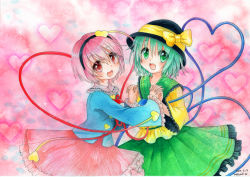 Rule 34 | 2girls, :d, gradient background, green eyes, green hair, hat, hat ribbon, heart, heart background, komeiji koishi, komeiji satori, looking at viewer, mosho, multiple girls, open mouth, own hands clasped, own hands together, pink eyes, pink hair, ribbon, short hair, smile, third eye, touhou, traditional media