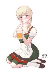 Rule 34 | 1girl, alcohol, apron, beer, beer mug, blonde hair, blue eyes, blunt bangs, commentary request, cup, dirndl, dress, drunk, flat chest, german clothes, green dress, hair over shoulder, highres, kantai collection, long hair, looking at viewer, mug, official alternate costume, one-hour drawing challenge, owa (ishtail), shin&#039;you (kancolle), shirt, solo, waist apron, white apron, white shirt