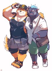 Rule 34 | 2boys, animal ears, arm around shoulder, bag, bara, barrel (live a hero), black tank top, claws, commentary request, dog boy, dog ears, dog tail, fiery hair, full body, furlong (live a hero), furry, furry male, green shorts, grey shorts, hand up, highres, hyena boy, hyena ears, hyena tail, live a hero, looking at viewer, male focus, multiple boys, one eye closed, pawpads, satchel, sawch cls, shirt, shorts, signature, tail, tank top, watch, white background, white shirt, wristwatch