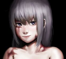 Rule 34 | 1girl, black background, burn scar, closed mouth, collarbone, commentary request, dorei to no seikatsu ~teaching feeling~, eyebrows hidden by hair, grey hair, hair between eyes, highres, kuro kosyou, light smile, long hair, looking to the side, nude, portrait, purple eyes, scar, simple background, solo, sylvie (dorei to no seikatsu)