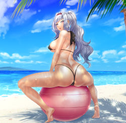 Rule 34 | 1girl, absurdres, ass, ball, barefoot, beach, bikini, black bikini, blush, breasts, exercise ball, from behind, hairband, highres, idolmaster, idolmaster (classic), large breasts, long hair, looking at viewer, looking back, micro bikini, neziiro, ocean, open mouth, outdoors, palm tree, pink eyes, ponytail, sand, shijou takane, shiny skin, silver hair, sitting on ball, skindentation, soles, solo, spread legs, swimsuit, tree, water