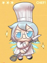 Rule 34 | 1girl, bespectacled, blue eyes, blue hair, chef hat, chef, chromatic aberration, cirno, commentary, dual wielding, english commentary, film grain, full body, fumo (doll), glasses, hat, holding, ice, ice wings, kitchen knife, skullchimes, solo, sparkle, spatula, star (symbol), touhou, wings