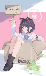 1girl absurdres alternate_costume animal_ears bilibalakonglijiwa black_choker black_hair black_shoes black_socks blue_archive box breasts cat_ears character_name choker closed_mouth colored_inner_hair commentary_request cross cross_earrings earrings extra_ears halo hand_up highres holding in_box in_container jewelry kazusa_(blue_archive) loafers long_sleeves looking_at_viewer medium_breasts multicolored_hair pink_eyes pink_hair pink_halo ring shirt shoes short_hair sitting socks solo stud_earrings white_shirt