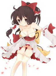 Rule 34 | 1girl, alternate costume, bad id, bad pixiv id, bare shoulders, bow, breasts, brown eyes, brown hair, detached sleeves, female focus, hair bow, hakurei reimu, highres, long hair, medium breasts, no panties, pussy, see-through, solo, thighhighs, touhou, uncensored, white thighhighs, yuiki (cube)