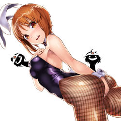Rule 34 | 10s, akiyama yukari, animal ears, armpits, ass, bare shoulders, between buttocks, blush, breasts, brown eyes, cuffs, fake animal ears, fishnets, girls und panzer, hand on own hip, hand on own chest, looking at viewer, looking down, nishizumi maho, nishizumi miho, object on head, open mouth, panties, panties on head, pantyhose, playboy bunny, rabbit ears, rabbit tail, short hair, silhouette demon, simple background, tail, thighs, underwear, unowen, white background, wrist cuffs
