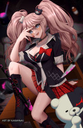 Rule 34 | 1girl, artist name, bear hair ornament, black footwear, black shirt, blood, blouse, blue eyes, blurry, blurry background, blush, boots, bow, bra, bra peek, breasts, choker, cleavage, collarbone, collared shirt, commentary, danganronpa: trigger happy havoc, danganronpa (series), depth of field, dumbbell, enoshima junko, foot out of frame, gyaru, hair between eyes, hair ornament, highres, kamaniki, knee boots, knee up, knife, lace-trimmed choker, lace trim, large breasts, long hair, looking at viewer, loose necktie, miniskirt, monokuma, nail polish, necktie, on table, open mouth, pink blood, pink hair, plaid, plaid skirt, polearm, red bow, red nails, red skirt, school uniform, shirt, sitting, skirt, sleeves rolled up, smile, spear, table, thighs, twintails, underwear, v over eye, weapon