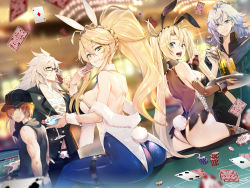 Rule 34 | 2girls, 3boys, alcohol, animal ears, artoria pendragon (all), artoria pendragon (fate), artoria pendragon (swimsuit ruler) (fate), ass, blonde hair, blue eyes, bradamante (fate), braid, bridal gauntlets, brown eyes, card, casual, chandelier, cocktail glass, commentary request, cup, dice, drinking glass, fake animal ears, fate/grand order, fate (series), fishnet legwear, fishnets, fuuma kotarou (fate), fuuma kotarou (shinobi attire for summer enjoyment) (fate), glasses, green eyes, grey hair, hat, highres, leotard, long hair, merlin (camelot &amp; co) (fate), merlin prismriver, multiple boys, multiple girls, pantyhose, playboy bunny, poker chip, poker table, ponytail, rabbit tail, red hair, siegfried (fate), siegfried (super cool biz) (fate), spiked hair, table, tail, teddy (khanshin), tray, twintails, very long hair