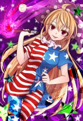 Rule 34 | 1girl, american flag dress, american flag legwear, blonde hair, clothes lift, clownpiece, collar, cowboy shot, dress, dress lift, fire, frilled collar, frilled shirt collar, frills, hair between eyes, hat, highres, jester cap, lifting own clothes, long hair, looking at viewer, neck ruff, pantyhose, polka dot, red eyes, shirt, shirt lift, short sleeves, solo, standing, star (symbol), striped clothes, striped dress, striped pantyhose, tongue, tongue out, torch, touhou, very long hair, yayoi sekai