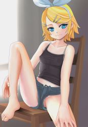 Rule 34 | 1girl, aruman, bare shoulders, barefoot, black shirt, blonde hair, blue eyes, blue shorts, blush, breasts, chair, closed mouth, collarbone, denim, denim shorts, feet, female focus, fingernails, hairband, half-closed eyes, indoors, kagamine rin, knee up, light blush, looking at viewer, midriff peek, no panties, open fly, partially visible vulva, shiny skin, shirt, short hair, short shorts, shorts, sitting, sleeveless, sleeveless shirt, small breasts, smile, solo, spread legs, swept bangs, tank top, toes, unbuttoned, upshorts, vocaloid, white hairband