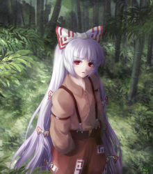 Rule 34 | 1girl, bamboo, bamboo forest, female focus, forest, from above, fujiwara no mokou, hair ribbon, hands in pockets, kurosukey, long hair, looking up, nature, outdoors, plant, red eyes, ribbon, silver hair, solo, suspenders, touhou