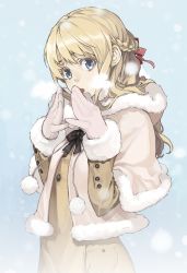 Rule 34 | 1girl, blonde hair, blue eyes, braid, breath, brown gloves, capelet, coat, fur-trimmed hood, fur-trimmed sleeves, fur trim, gloves, hair ribbon, half updo, hands up, highres, hood, hooded capelet, hooded jacket, jacket, long hair, long sleeves, looking at viewer, looking to the side, mura (kanojo no oukoku), open mouth, original, pom pom (clothes), red ribbon, ribbon, snowing, solo, upper body, winter, winter clothes