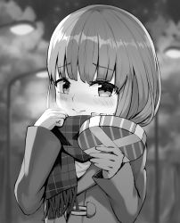 Rule 34 | 1girl, absurdres, blurry, blurry background, blush, box, breath, closed mouth, coat, commentary request, depth of field, duffel coat, fringe trim, gift, gift box, greyscale, hand up, highres, holding, holding gift, lamppost, long sleeves, looking at viewer, masaki (msk064), monochrome, original, outdoors, plaid, plaid scarf, scarf, sleeves past wrists, solo, unmoving pattern, valentine