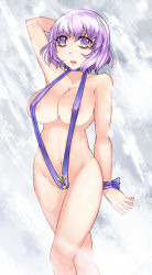 Rule 34 | 1girl, aoshima, areola slip, arm behind head, breasts, collarbone, crossed legs, female focus, highres, large breasts, letty whiterock, light purple hair, navel, open mouth, purple eyes, short hair, sitting, slingshot swimsuit, solo, swimsuit, touhou