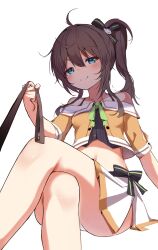 Rule 34 | 1girl, ahoge, bare legs, bare shoulders, black camisole, blue eyes, bow, breasts, brown hair, camisole, cat hair ornament, collarbone, cropped jacket, crossed legs, from below, hair between eyes, hair bow, hair ornament, highres, holding, holding leash, hololive, leash, light blush, looking at viewer, midriff, natsuiro matsuri, natsuiro matsuri (1st costume), navel, orobou, pleated skirt, pov, shadow, side ponytail, side slit, sidelocks, simple background, sitting, skirt, small breasts, smile, smug, solo, thighs, viewer on leash, virtual youtuber, white background