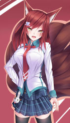 Rule 34 | 1girl, :d, :p, academy ahri, ahri (league of legends), alternate color, alternate costume, animal ears, black thighhighs, blush, breasts, cardigan, cleavage, contemporary, cowboy shot, facial mark, fangs, female focus, fingernails, fox ears, fox tail, hair ornament, hairclip, hand on own hip, heart, highres, kiseno, large breasts, league of legends, long fingernails, long hair, long sleeves, looking at viewer, multiple tails, nail polish, necktie, open mouth, outline, pink nails, plaid, plaid skirt, pleated skirt, red background, red hair, school uniform, sharp fingernails, skirt, slit pupils, smile, solo, tail, thighhighs, tongue, tongue out, whisker markings, yellow eyes, zettai ryouiki