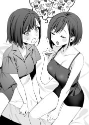 Rule 34 | 2girls, :3, absurdres, arm support, bare shoulders, blush, breasts, camisole, chigusa minori, cleavage, collarbone, collared shirt, commentary request, dress shirt, futago matomete kanojo ni shinai?, good twins day, greyscale, heart, highres, index finger raised, large breasts, looking at another, monochrome, multiple girls, nervous sweating, open mouth, shirt, short hair, shorts, sitting, smile, sweat, usami chikage, usami hikari